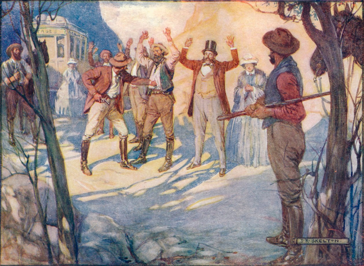 Valmentaja pidätettäisiin ja kaikki matkustajat ryöstettiin, c1908, c1920. tekijältä Joseph Ratcliffe Skelton