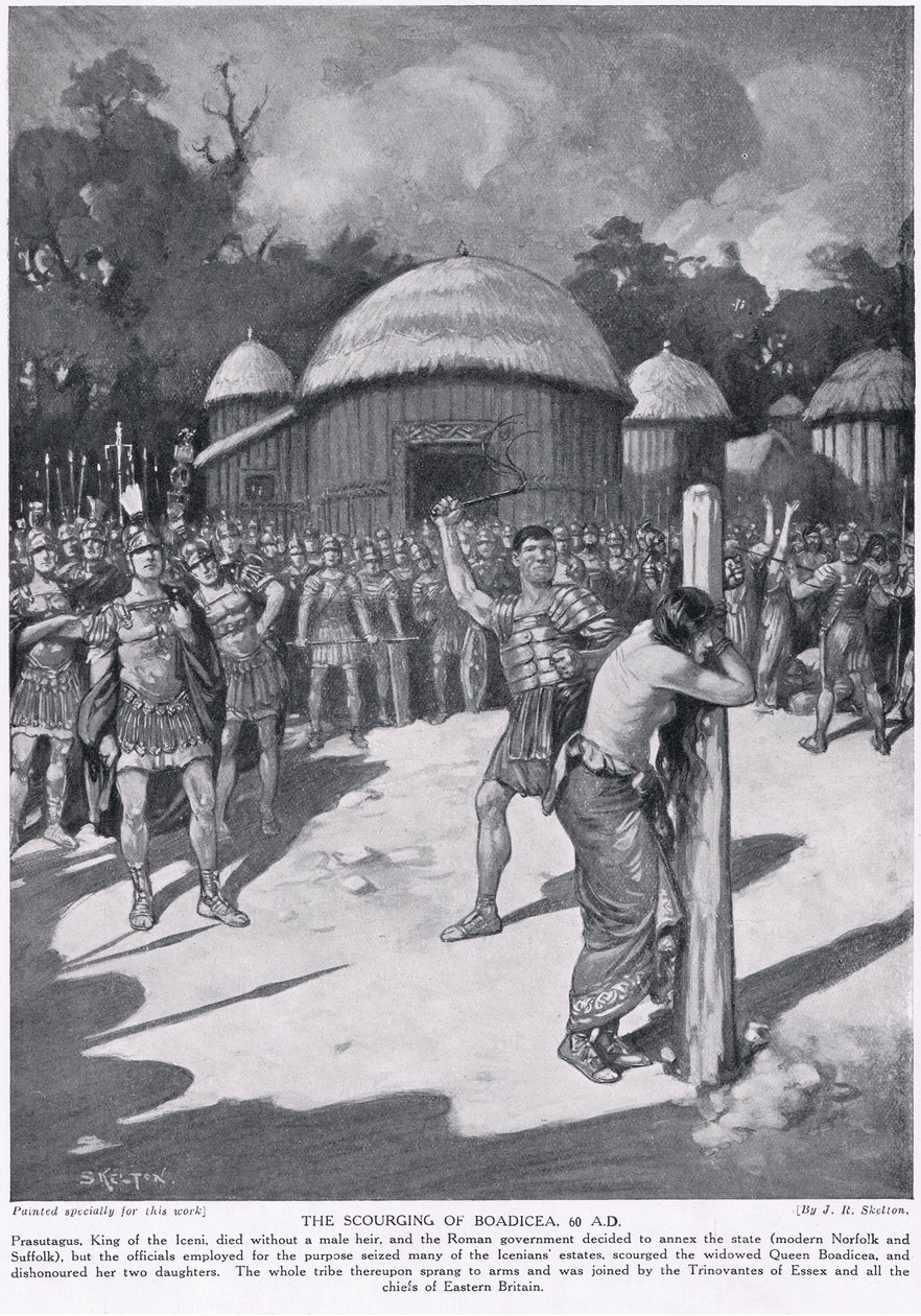 The Scourging of Boadicea, esimerkki "Hutchinsonin kansakuntien historiasta", n. 1910 tekijältä Joseph Ratcliffe Skelton