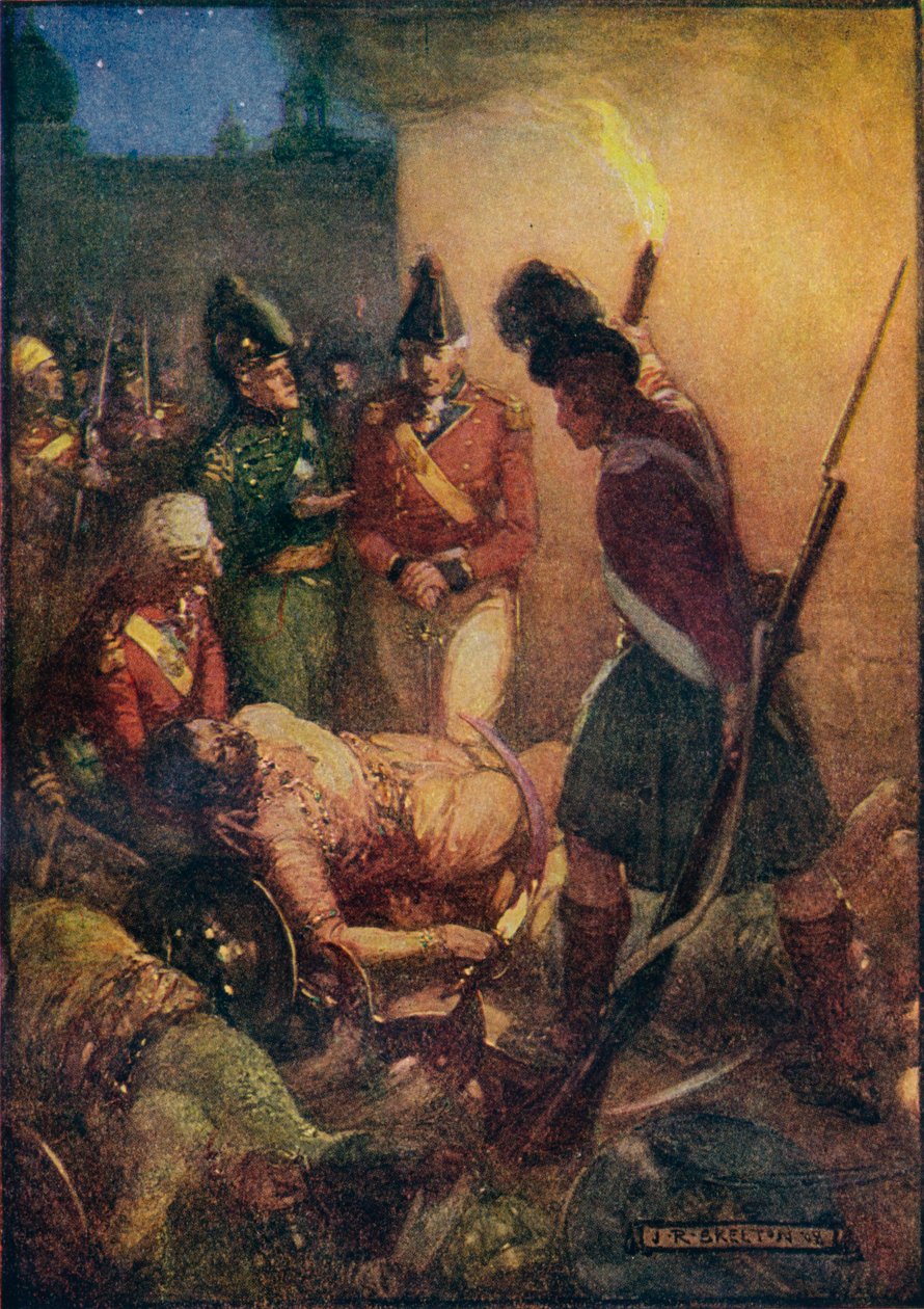 Tippoo Sultansin ruumis löydettiin hänen seuraajiensa alta, 1908, c1920. tekijältä Joseph Ratcliffe Skelton