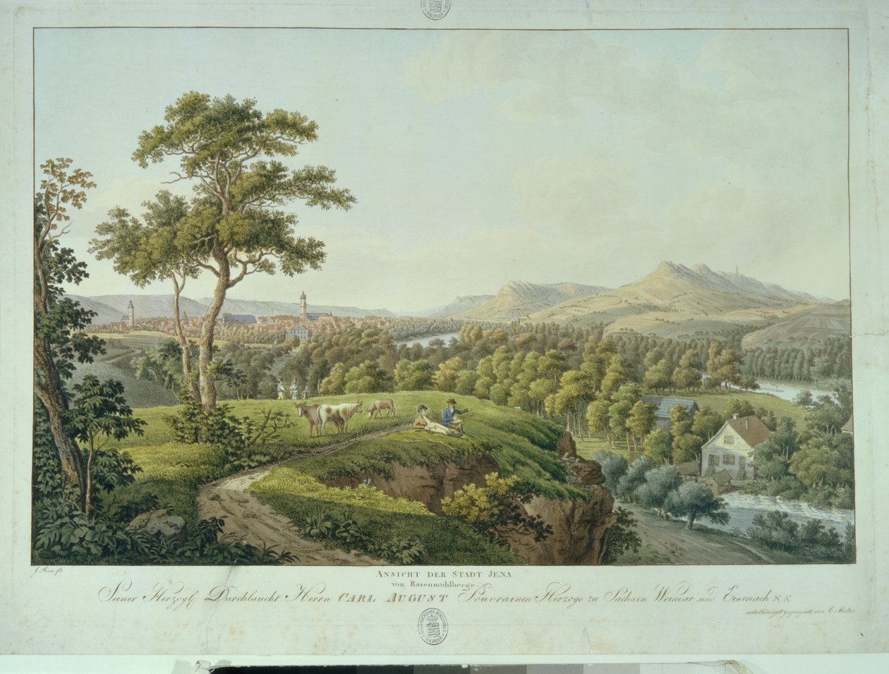Näkymä Jenaan Rasenhuehlbergistä, n. 1810 (etsaus) tekijältä Joseph Roux