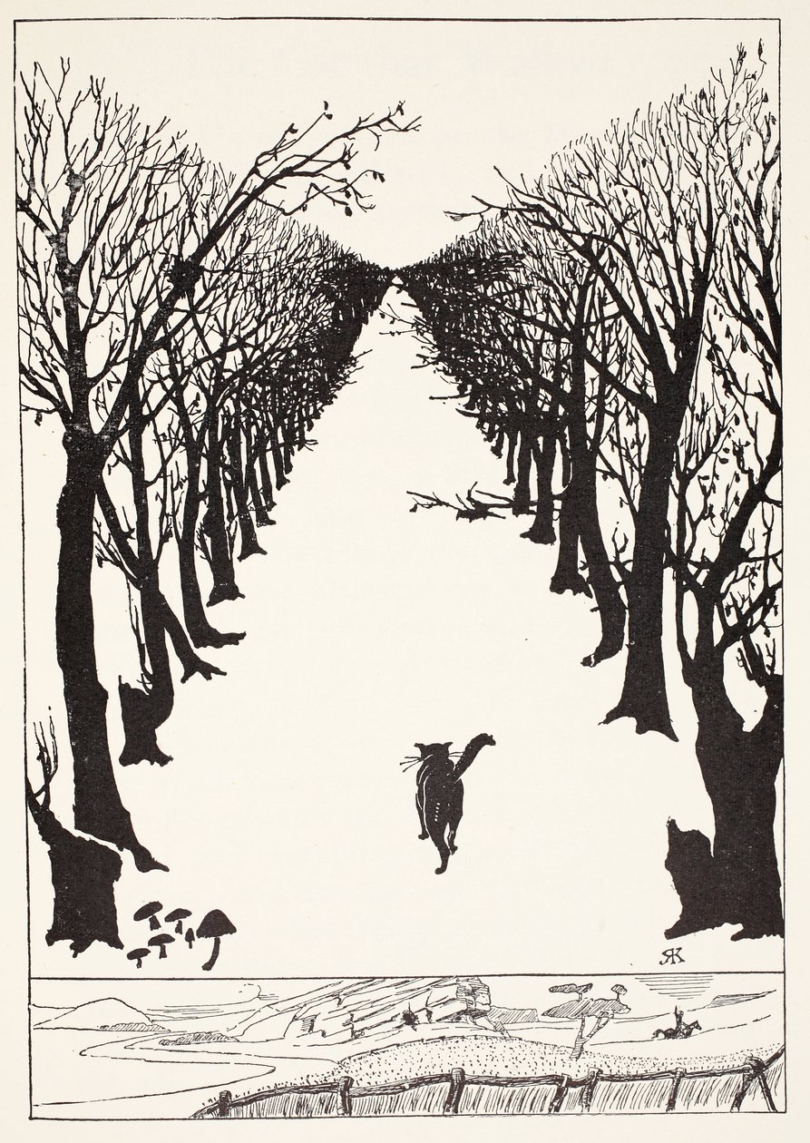 Kissa, joka käveli itsekseen, kuvitus Rudyard Kiplingin teoksesta "Just So Stories for Little Children", pubi. Lontoo, 1951 tekijältä Joseph Rudyard Kipling