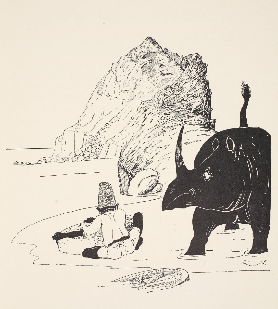 Parsee alkaa syödä kakkuaan asumattomalla saarella, kuvitus Rudyard Kiplingin pubin "Just So Stories for Little Children" -teoksesta. Lontoo, 1951 tekijältä Joseph Rudyard Kipling