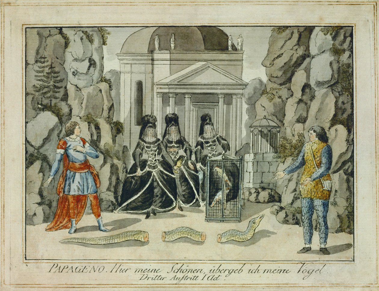 Tamino ja Papageno kolmen naisen kanssa ... (kaiverrus) tekijältä Joseph Schaffer
