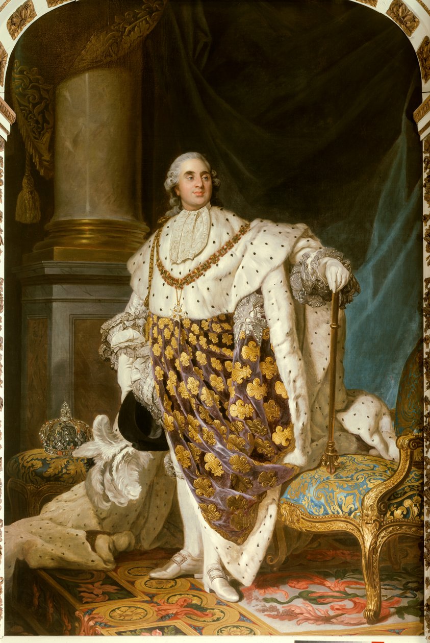 Muotokuva jalassa Ranskan kuningas Ludvig XVI pyhässä puvussa (1754-1793) Hänellä on Pyhän Hengen ritarikunnan kaulakoru (Pyhä Henki) - Maalaus Joseph Siffred Duplessisin (1725-1802) ateljeesta (Joseph- Siffrede, Joseph-Siffrede, Joseph Si tekijältä Joseph Siffred Duplessis