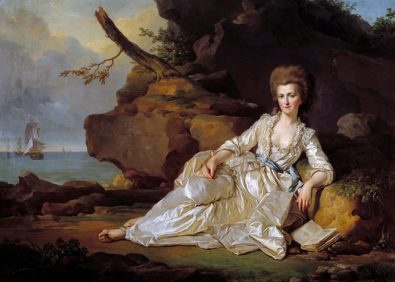 Muotokuva Chartresin herttuattaresta (1753-1821) Pyhän Hengen aluksen läsnä ollessa, joka vie Chartresin herttuan Ouessant-taisteluun Joseph Siffred Duplessisin (1725-1802) maalauksen (Joseph-Siffred, Joseph Siffrede, Joseph) Siffrede, Jose tekijältä Joseph Siffred Duplessis
