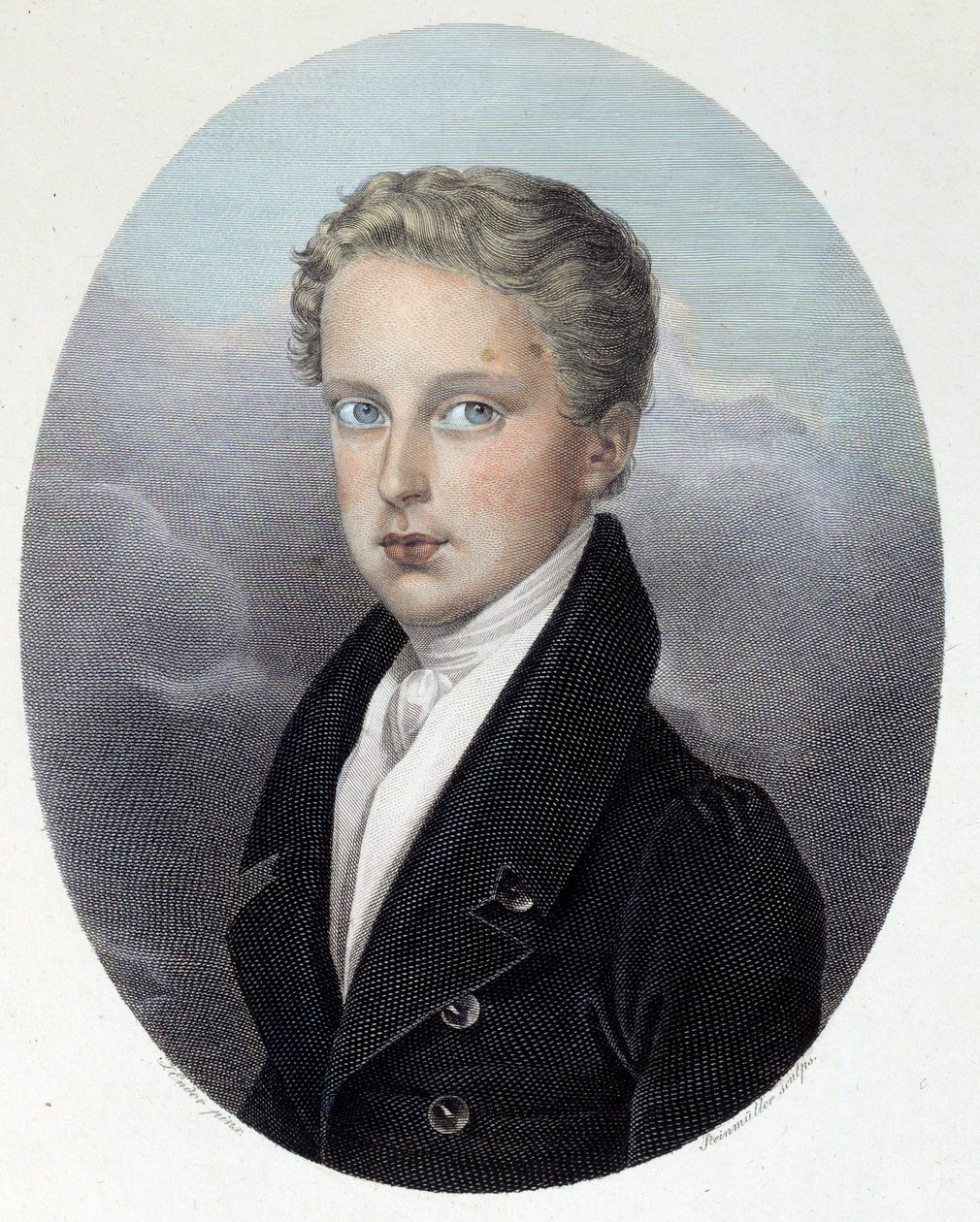 Muotokuva Reichstadtin herttuasta (1811-1832), Napoleon I:n ja Itävallan Marie Louisen pojasta Joseph Steinmullerin (1795-1841) kaiverrus 1827 Yksityinen kokoelma tekijältä Joseph Steinmuller