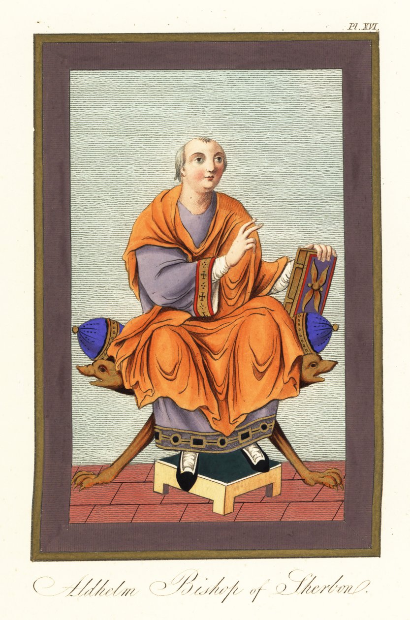 Aldhelm, Sherbornin piispa c639-709, 1851 (kaiverrus) tekijältä Joseph Strutt