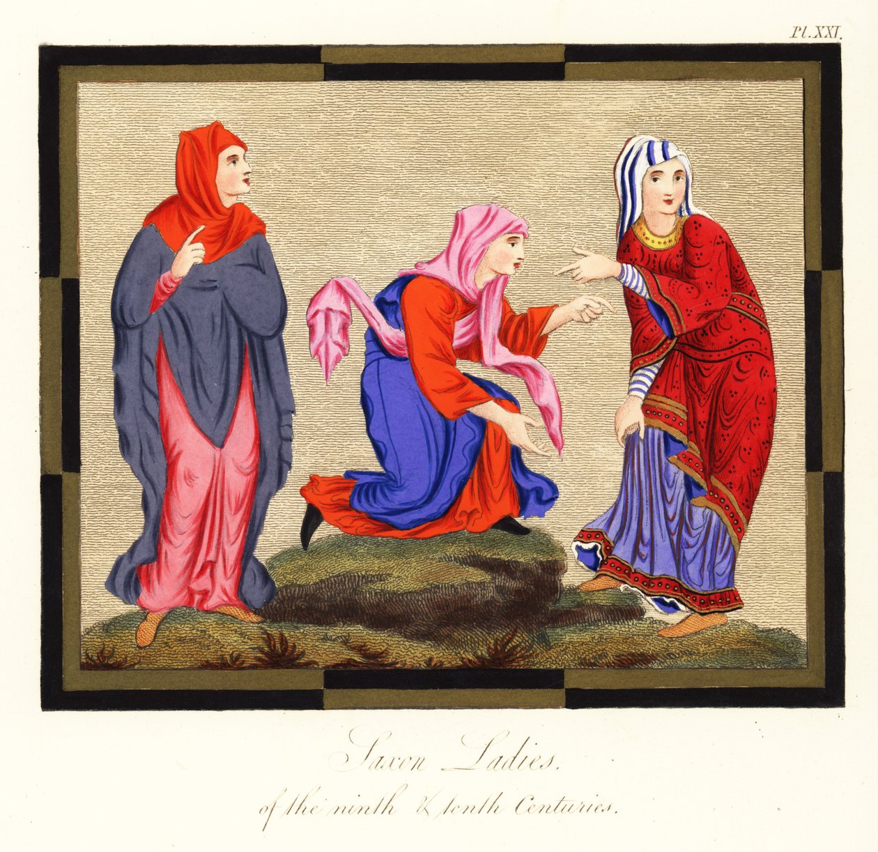 Anglosaksiset naisten puvut, 9. ja 10. vuosisadat, 1854 (kaiverrus) tekijältä Joseph Strutt
