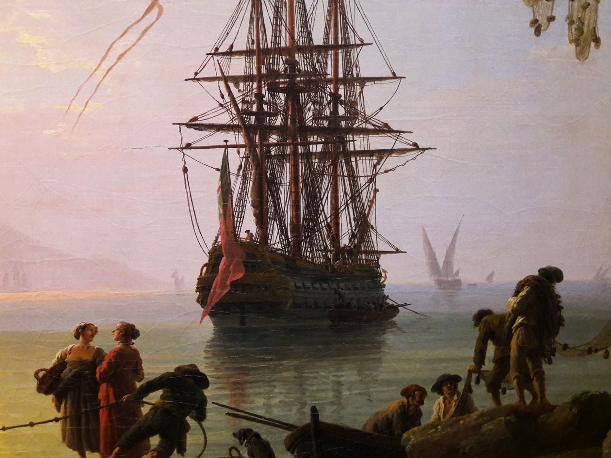 Näkymä satamaan aamulla (Aamu)


 (yksityiskohta). tekijältä Joseph Vernet