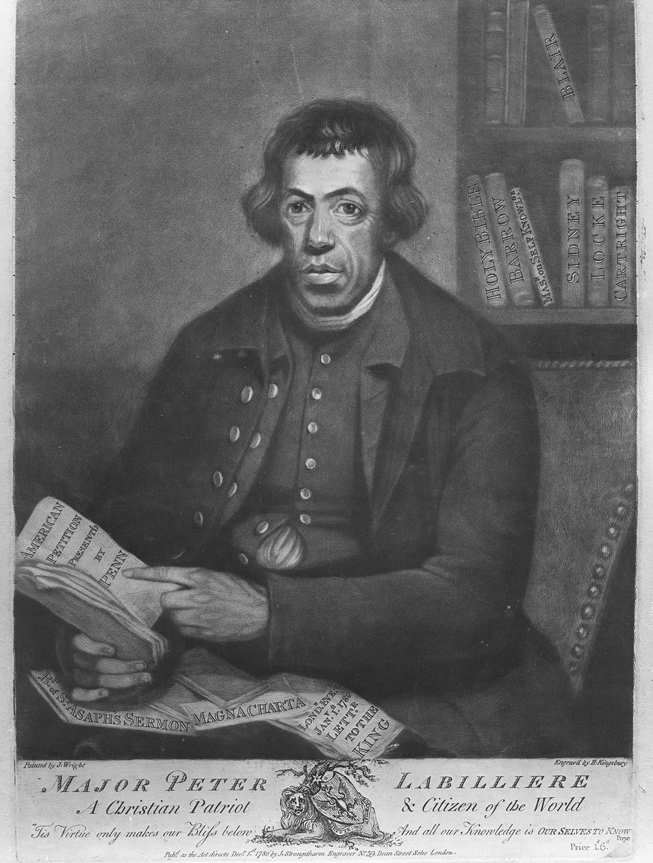 Majuri Peter Labilliere, syövytys Henry Kingsbury, 1780 (etsaus ja mezzotintta). tekijältä Joseph Wright