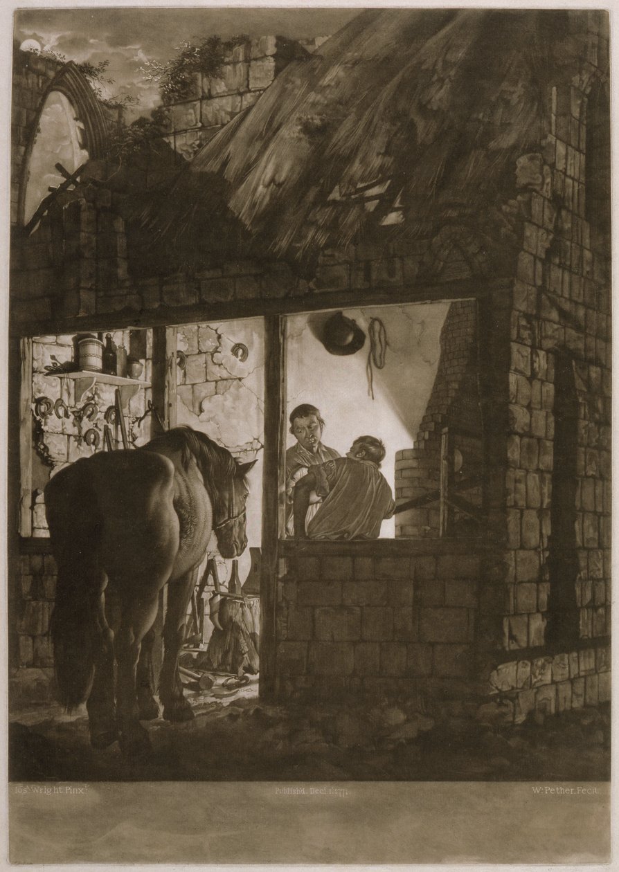 Farriers Shop, kaiverrus William Peter (n. 1781-1821), 1771 (mezzotint) tekijältä Joseph Wright of Derby