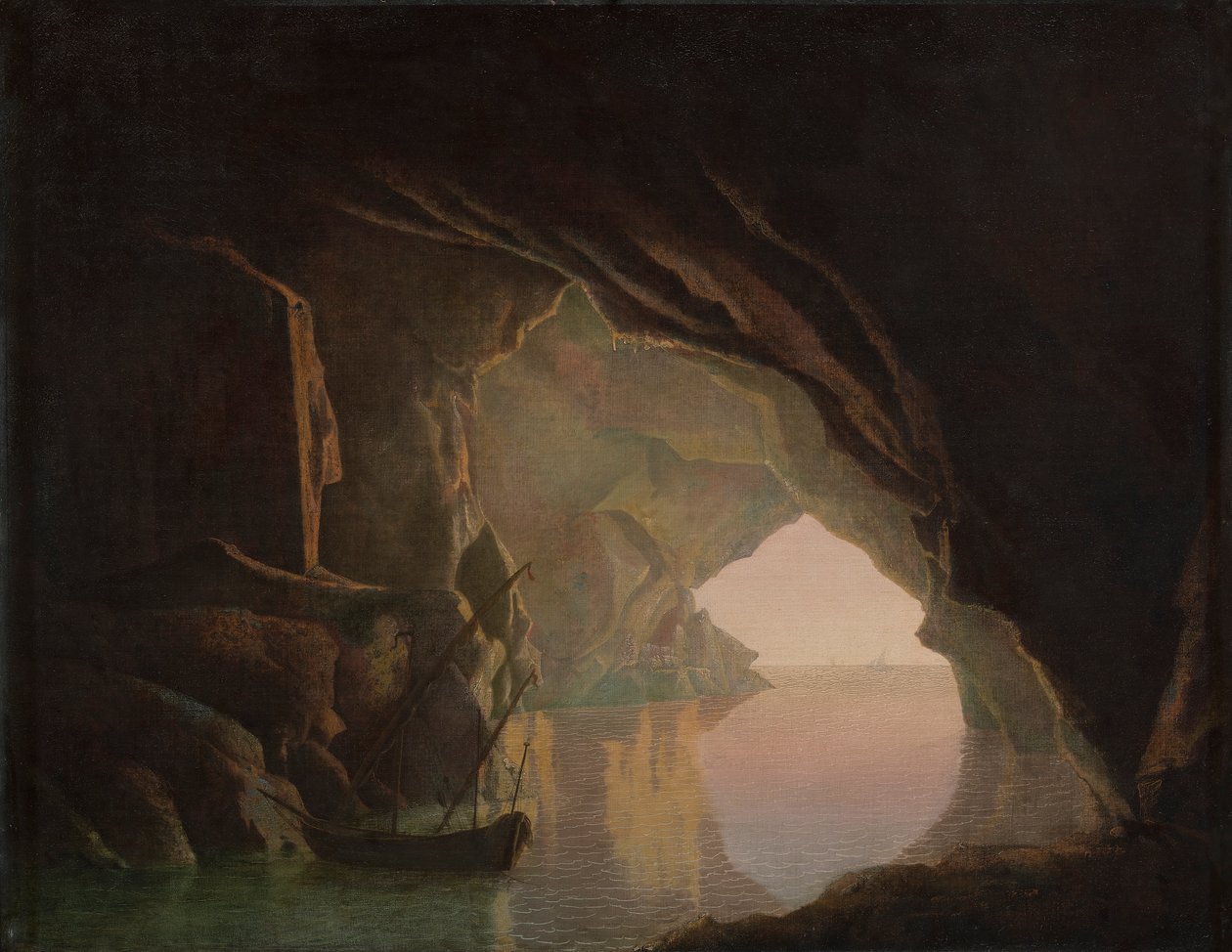 Luola Salernonlahdella, auringonlasku tekijältä Joseph Wright of Derby