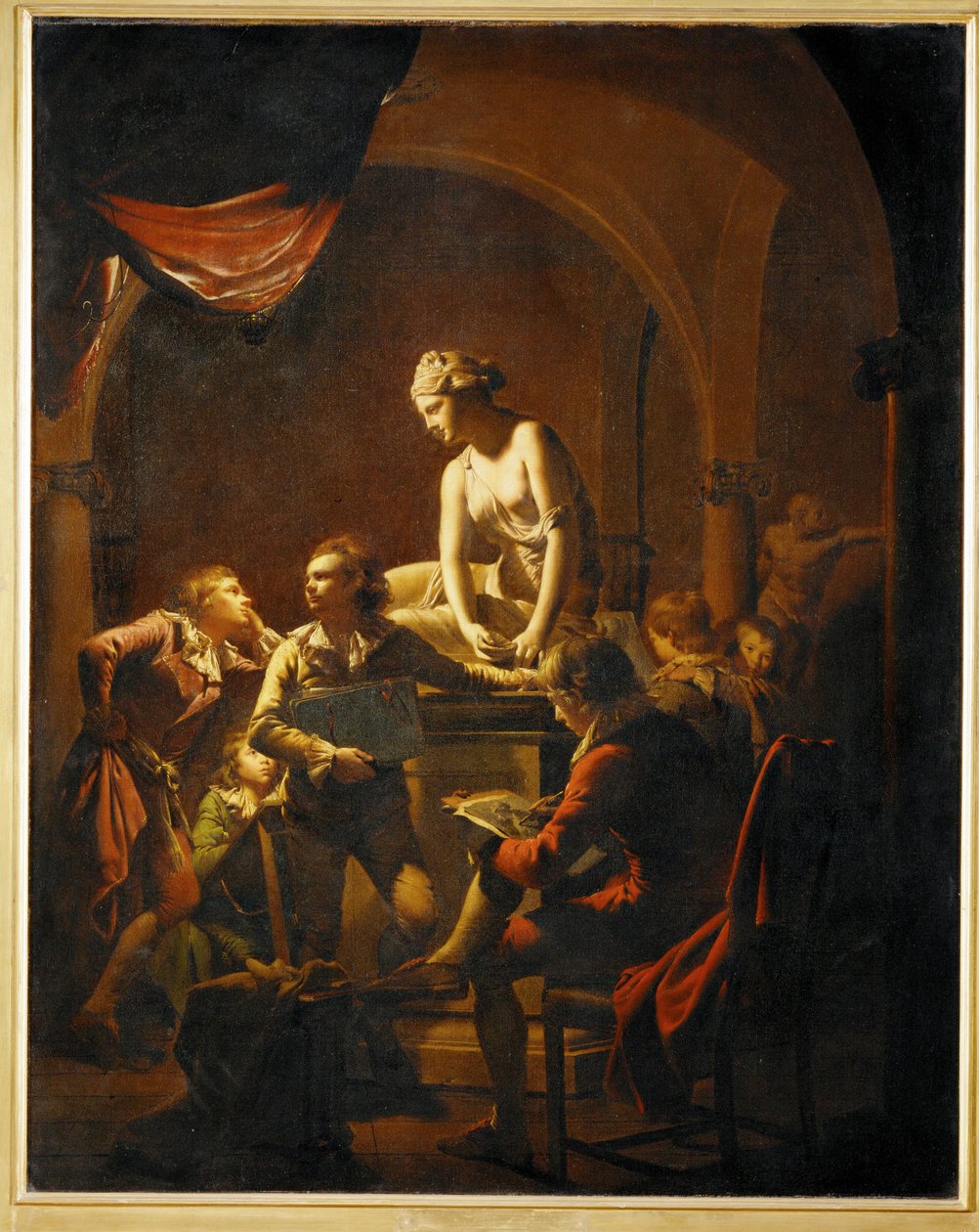 Maalausakatemian luokka nymfin kipsivaloksen ja kuoren ympärillä ... (maalaus kankaalle) tekijältä Joseph Wright of Derby