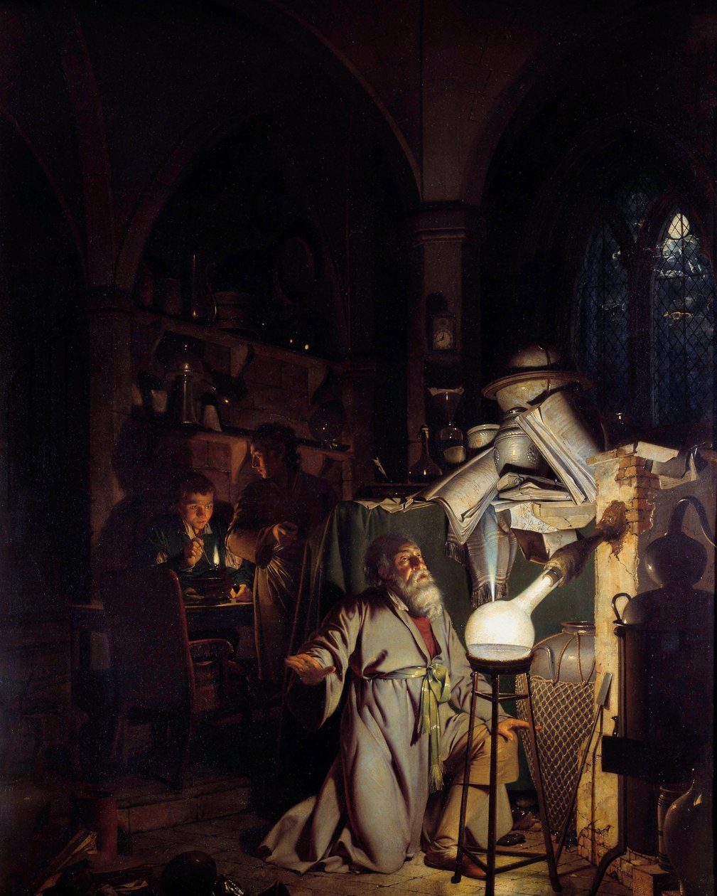 Alkemisti houkuttelee löytämään filosofisen kiven. Joseph Wrightin maalaus Derbystä (1734-1797) 1700-luvun aurinko. 1,27 x 1,01 m Derby, Derby-museo tekijältä Joseph Wright of Derby