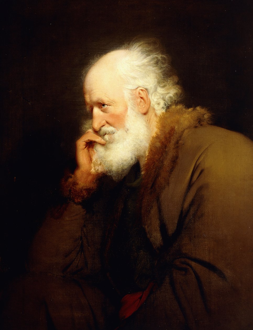 Vanha mies, puolipitkä, ruskealla turkiksella vuoratussa takissa, tekijältä Joseph Wright of Derby