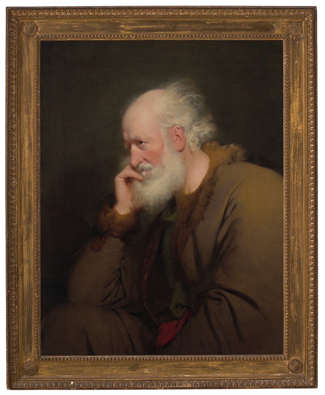 Vanha mies, puolipitkä, turkisvuorinen takki päällä. tekijältä Joseph Wright of Derby
