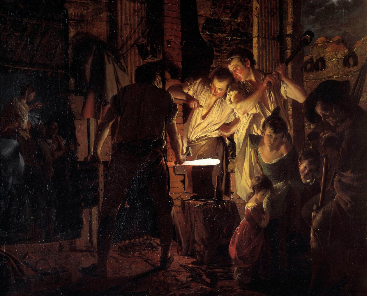 Atelier de marechal ferrant 1700-luvulla Joseph Wrightin Derbystä (1734-1797) maalaus 1771 su. 0,99x1,25 m Derby, Derby-museo tekijältä Joseph Wright of Derby