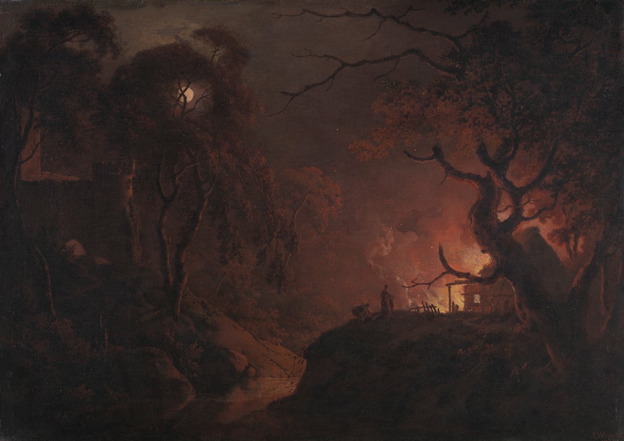 Mökki tulessa yöllä tekijältä Joseph Wright of Derby