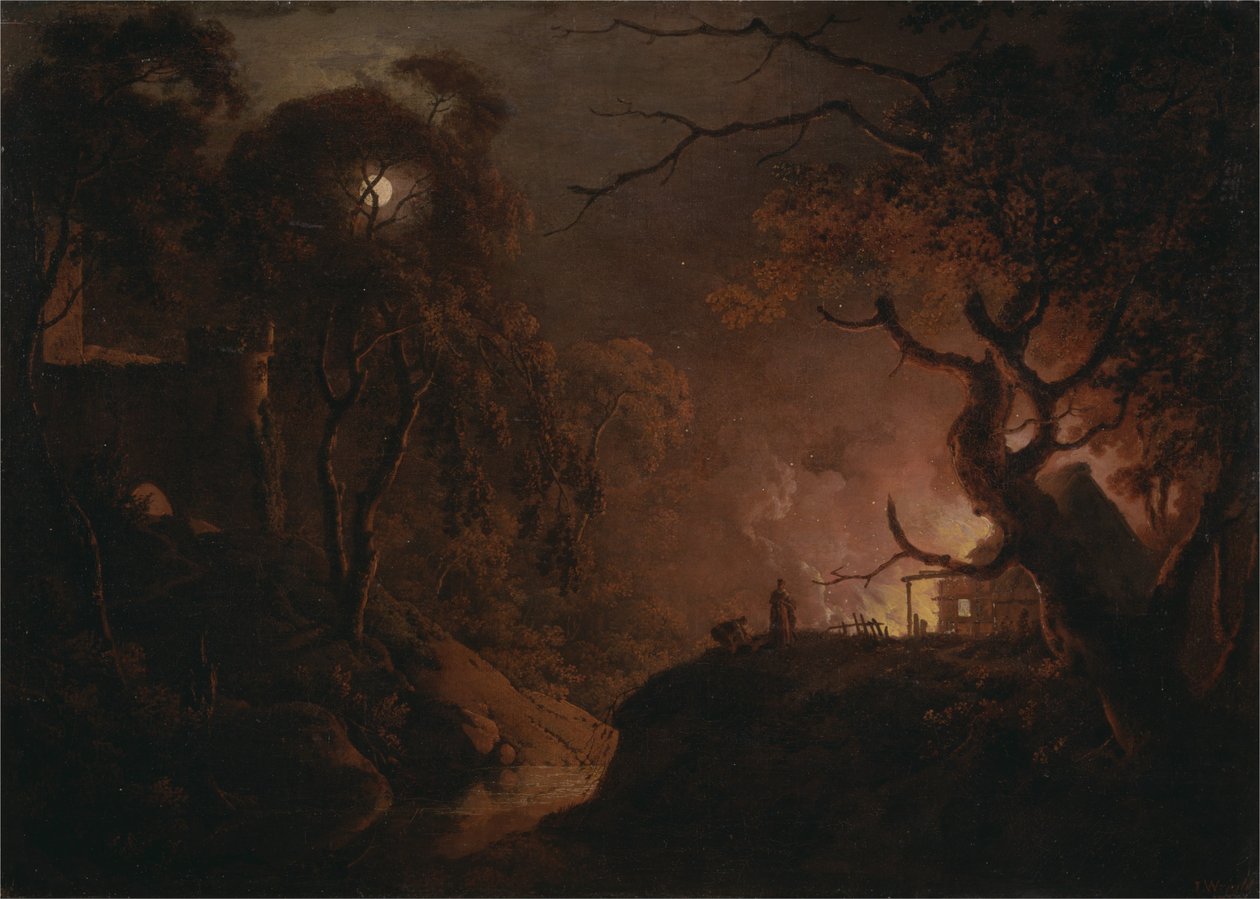Mökki palaa yöllä tekijältä Joseph Wright of Derby