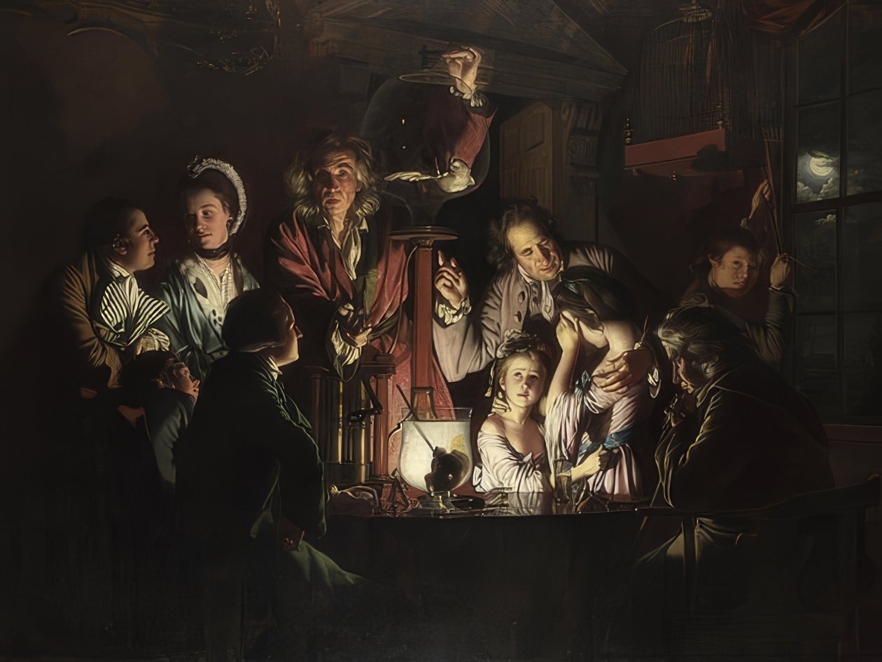 Kokeilu linnun kanssa ilmapumpussa. 1768 tekijältä Joseph Wright of Derby