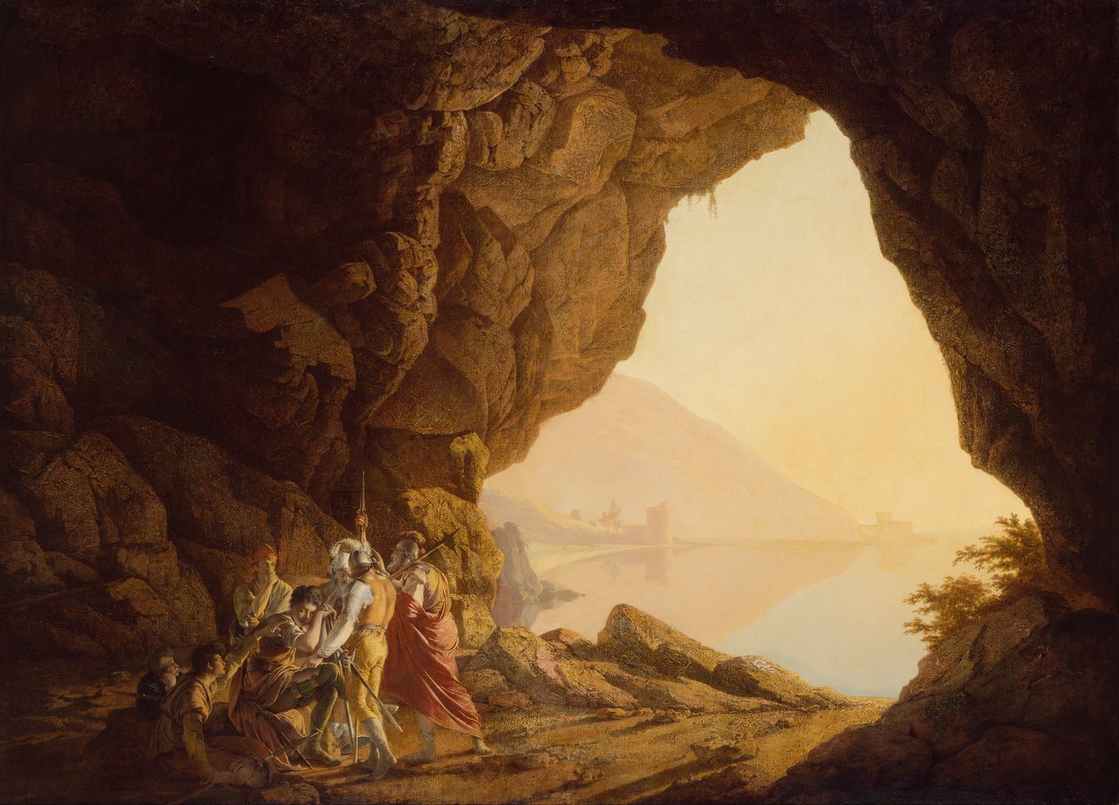 Grotto meren rannalla Napolin kuningaskunnassa, jossa on Banditti, auringonlasku tekijältä Joseph Wright of Derby