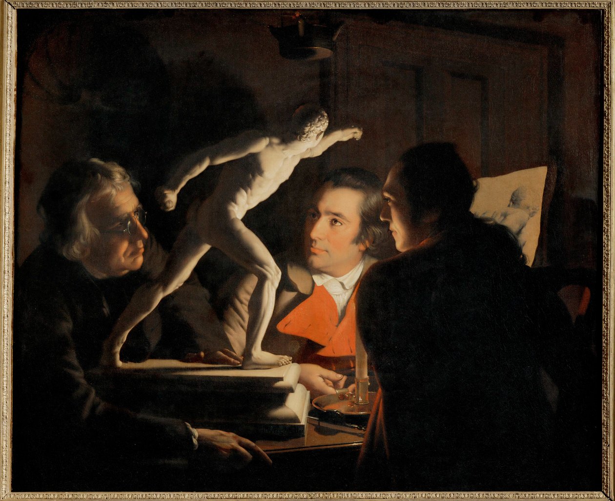 Kynttilän valossa kolme miestä tutkii pientä ... (maalaus kankaalle) tekijältä Joseph Wright of Derby