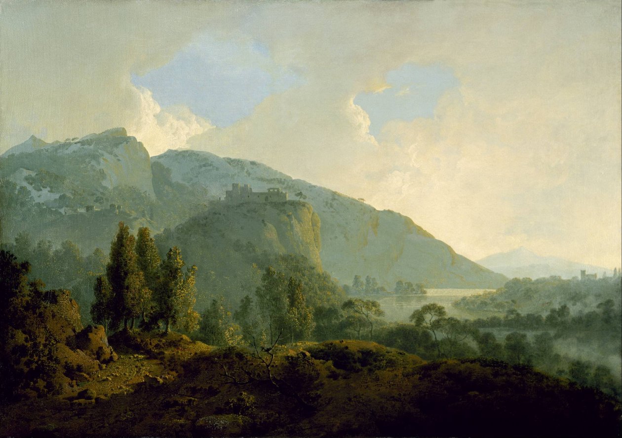 Italialainen maisema, jossa on vuoria ja joki tekijältä Joseph Wright of Derby