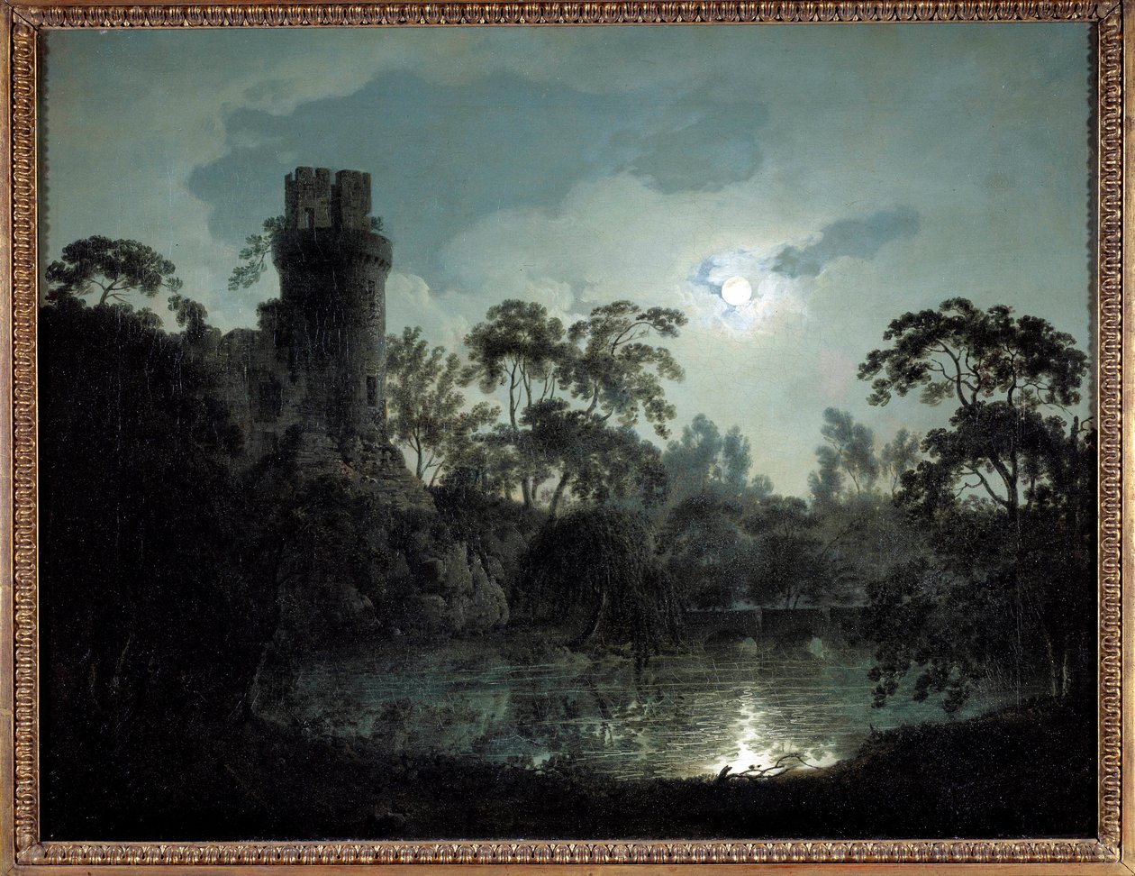 Kuutamo, järvi ja linna Romanttinen yömaisema. Joseph Wrightin Derbyn maalaus (1734-1797) 1787 Yksityinen kokoelma tekijältä Joseph Wright of Derby