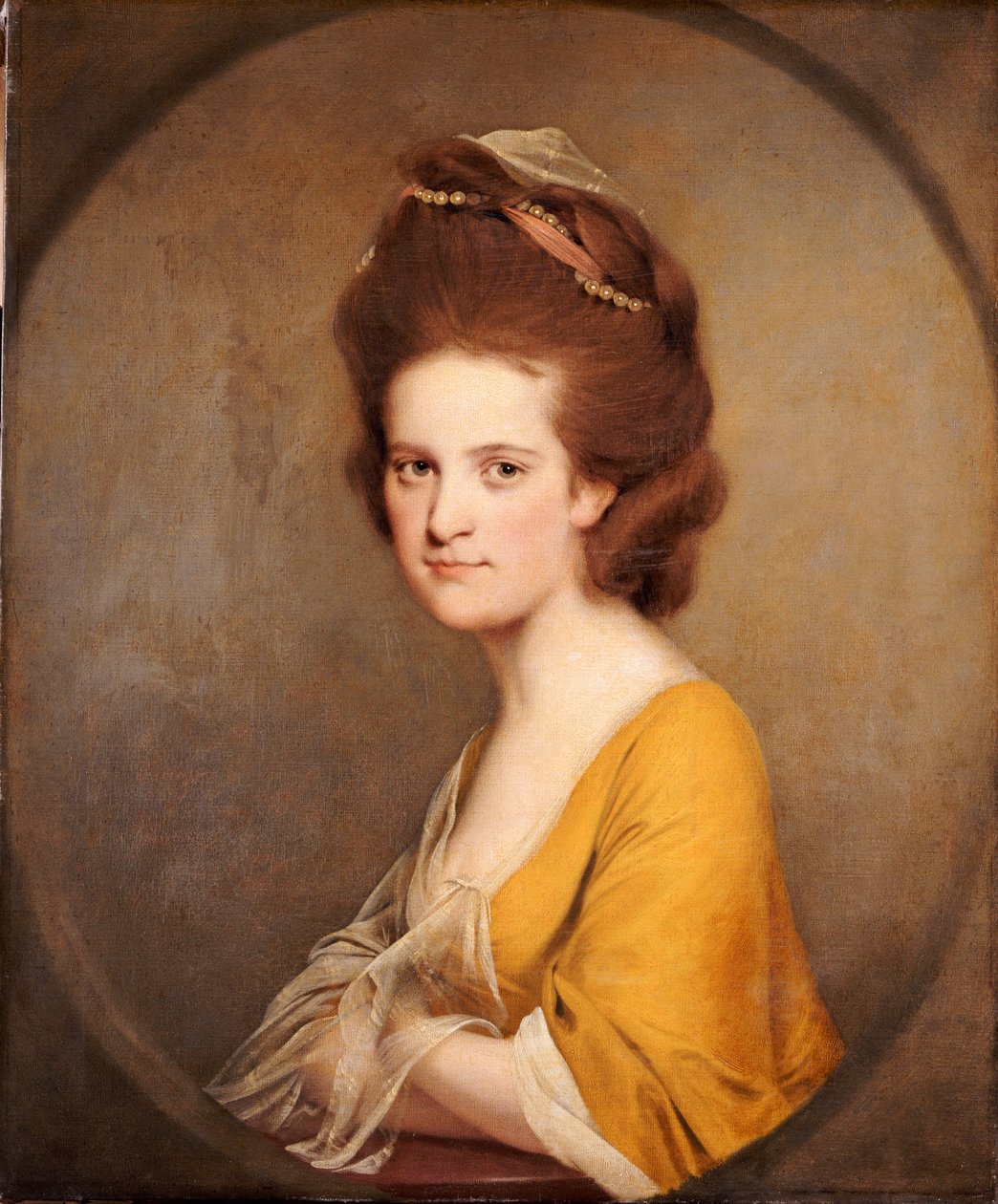 Dorothy Hodgesin muotokuva, puolipitkä, keltaisessa mekossa tekijältä Joseph Wright of Derby