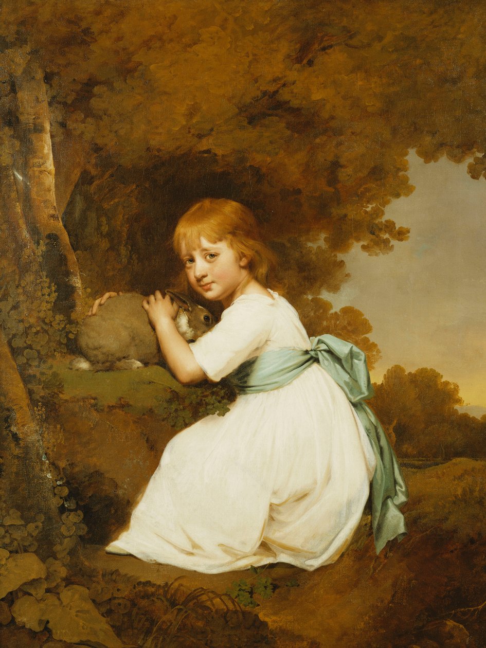 Neiti Bentleyn muotokuva, istuu täyspitkänä, yllään valkoinen mekko, pitelee kaniinia maisemassa, n. 1781 tekijältä Joseph Wright of Derby