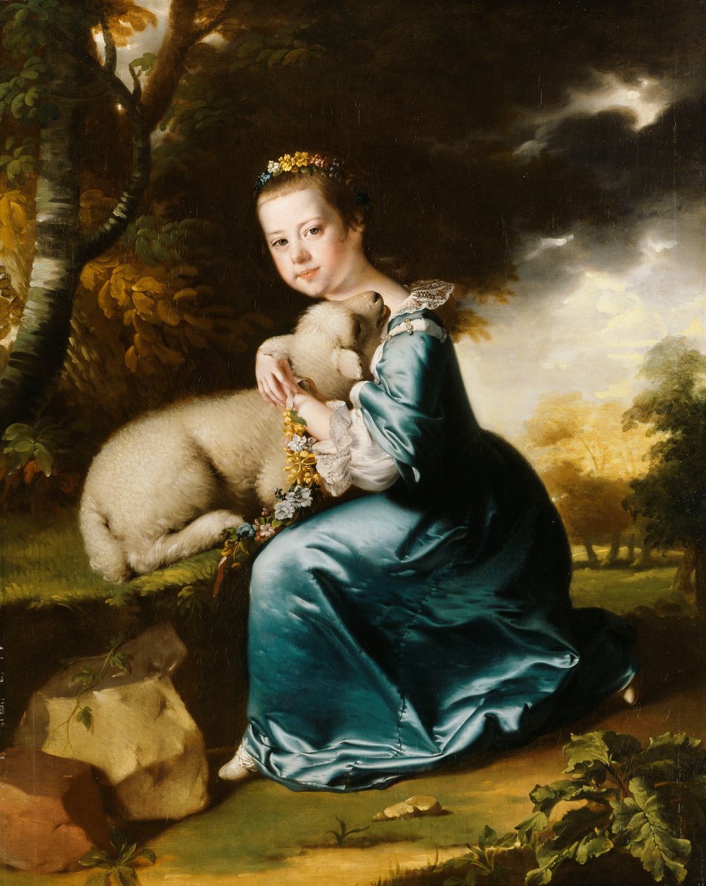 Muotokuva neiti Frances Warrenista, joka polvistuu koko pituudeltaan metsäisessä puistossa, yllään sininen mekko ja pitelee lammasta, tekijältä Joseph Wright of Derby