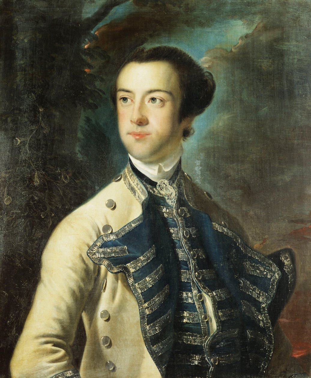 Puolipitkä Thomas Hanwayn muotokuva beige-takissa sinisellä ja hopealla ja sinisellä ja hopealla liivi, pitelee hattua käsivarrensa alla, maisemassa, tekijältä Joseph Wright of Derby