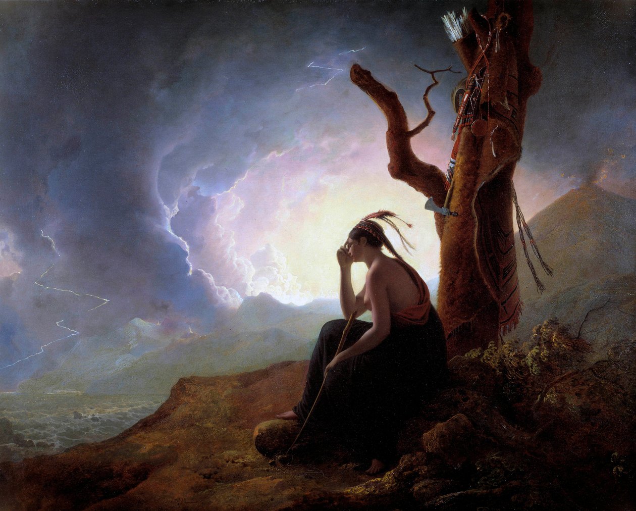 Intiaanipäällikön leski valvomassa miehensä aseita Joseph Wrightin maalaus Derbystä (1734-1797) 1785 Derby, Derbyn museo tekijältä Joseph Wright of Derby