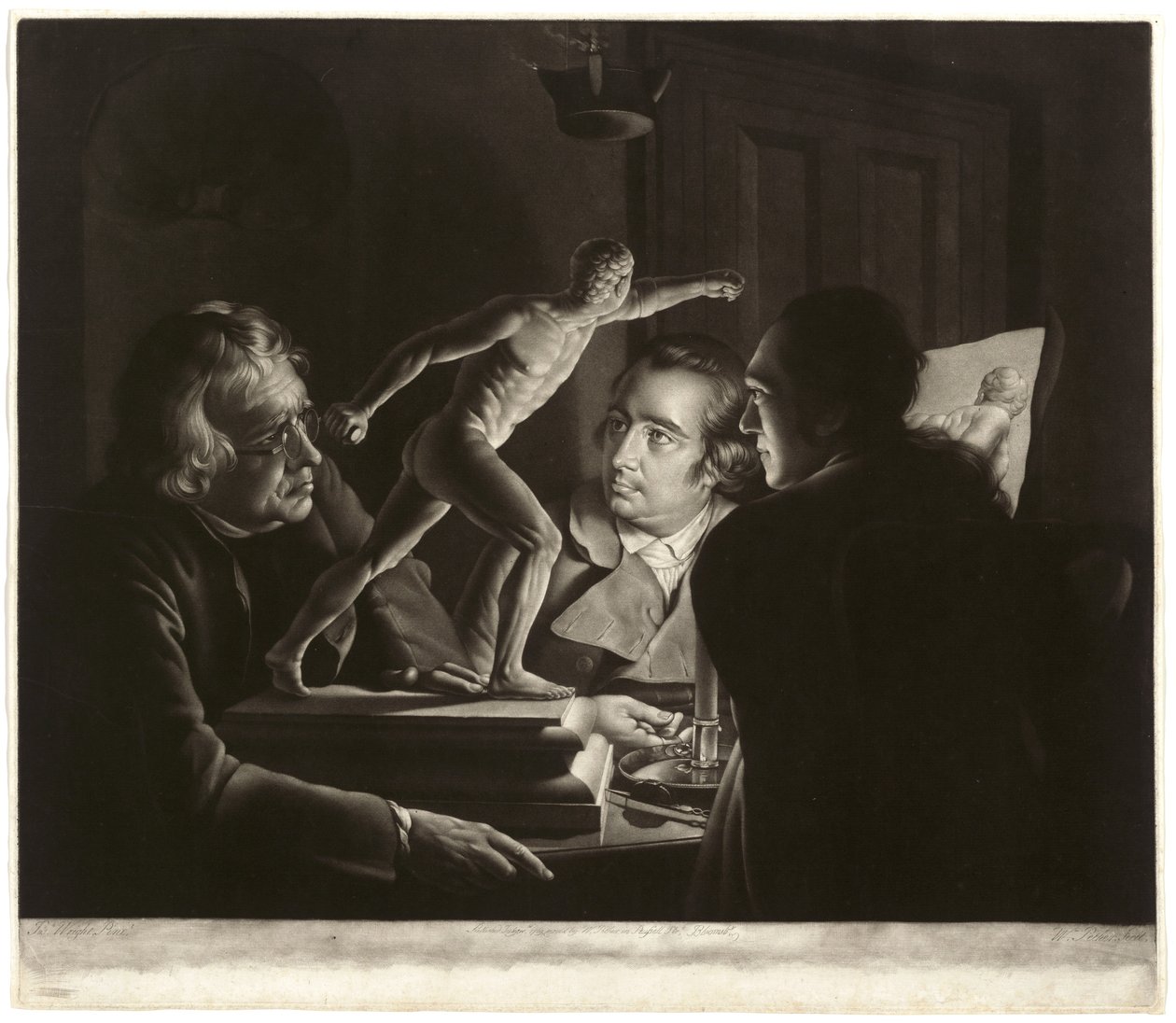 Kolme henkilöä katselemassa Gladiaattoria kynttilänvalossa, kaiverrus William Pether, 1769 tekijältä Joseph Wright of Derby