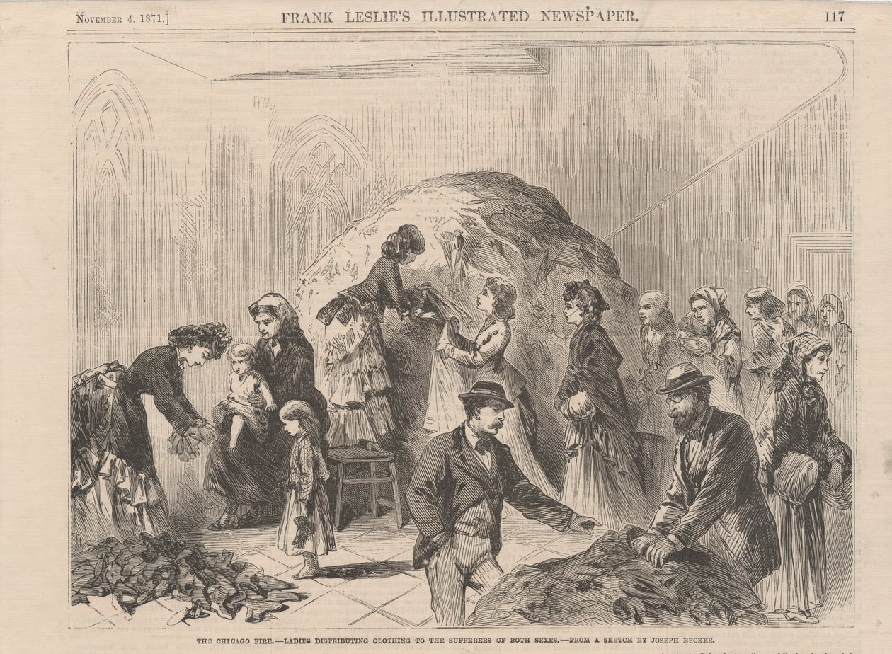 Chicagon tulipalo: naiset jakavat vaatteita molempien sukupuolten kärsiville, kuvitus Frank Leslies Illustrated Newspaperista, 1871 tekijältä Joseph after Becker