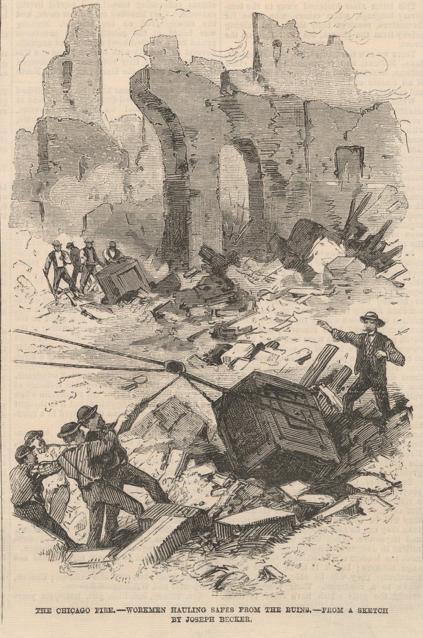 Työmiehet vetävät kassakaapit raunioista, kuvitus Frank Lesliesin kuvitetusta sanomalehdestä, 1871 tekijältä Joseph after Becker