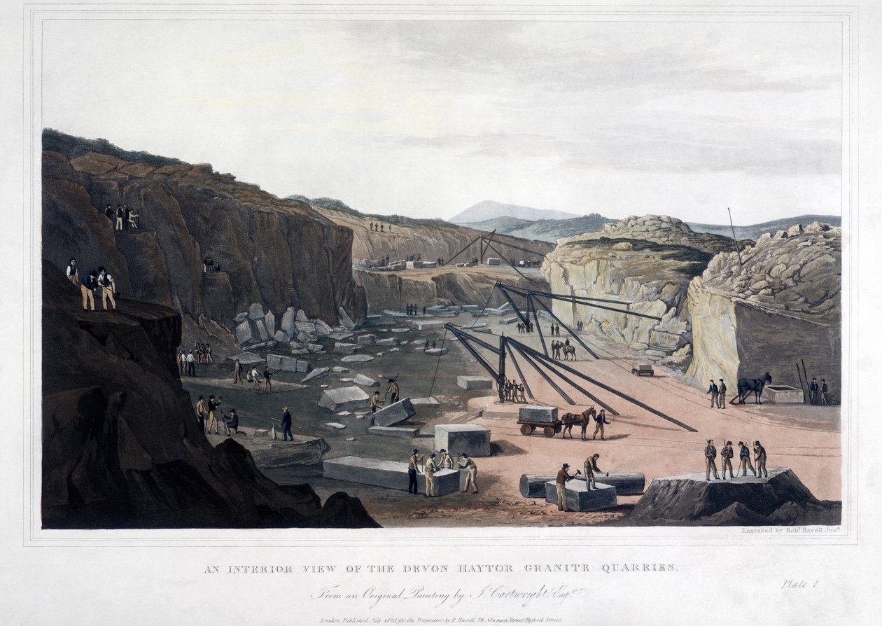 Sisäkuva Devon Haytorin graniittilouhoksista, kaiverrus Robert Havell (1793-1878) 1825 (värillinen akvatinta) tekijältä Joseph after Cartwright