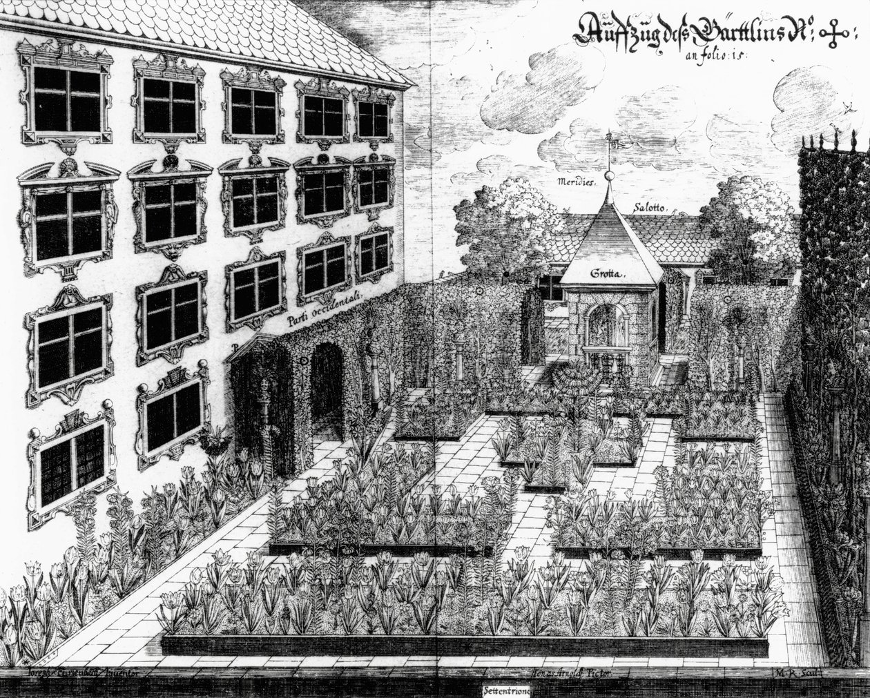 Suunnittelu Furttenbachin puutarhaan Ulmissa, Architectura Privata, kaiverrus Jonas Arnold (1600-69), julkaistu 1641 tekijältä Joseph after Furttenbach