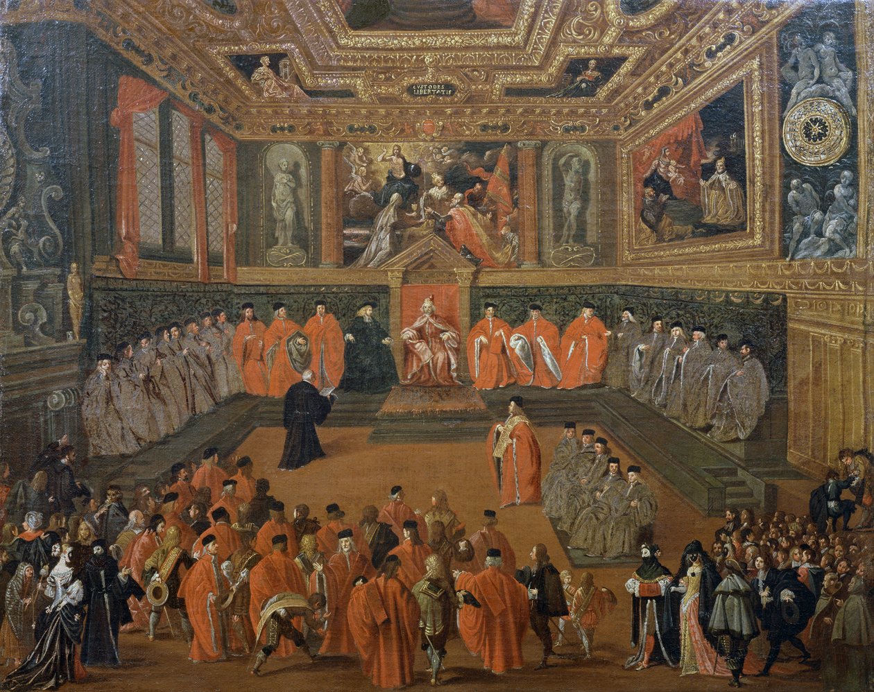 Dogen kuuleminen Venetsian herttuapalatsin valtuustosalissa, Joseph Heintz Youngerin maalaus (n. 1600-1678) tekijältä Joseph the younger Heintz