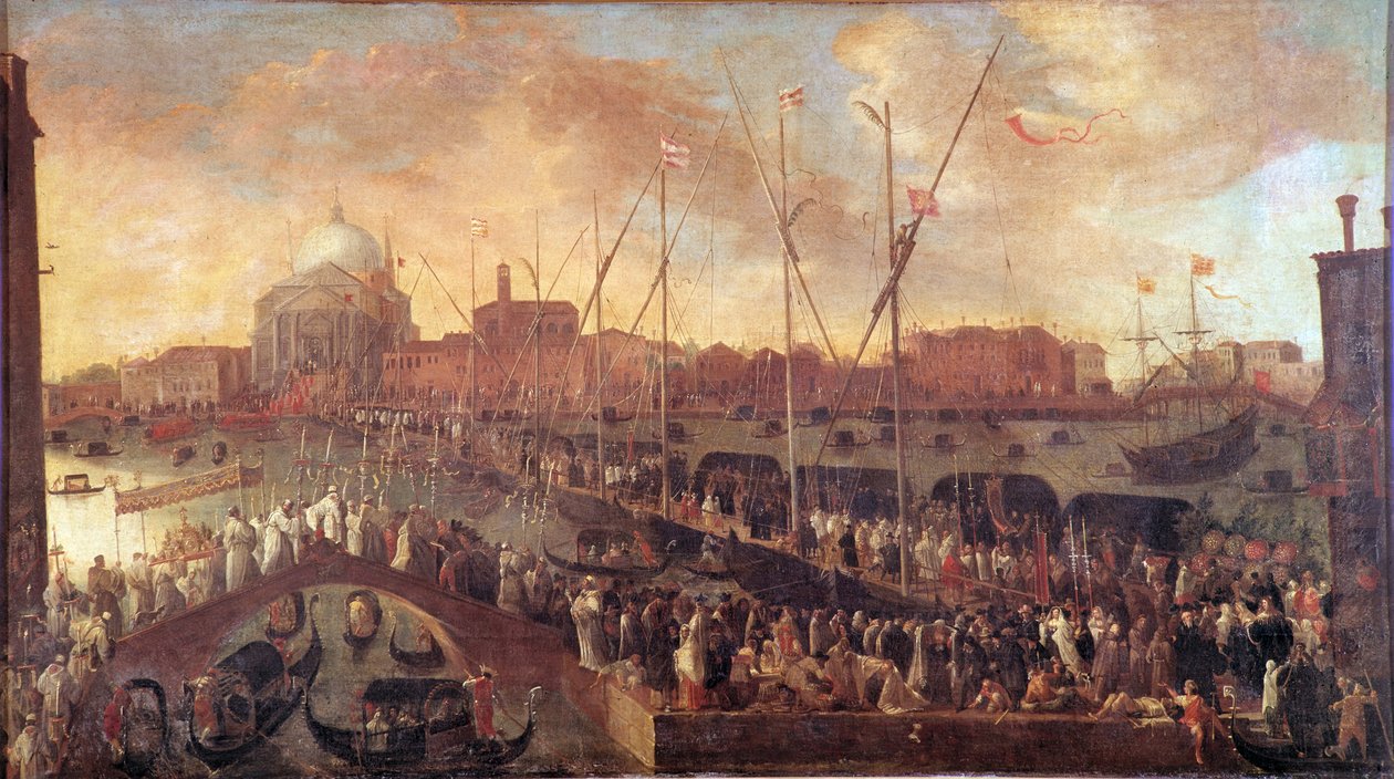 Kulkue Lunastajan juhlapäivänä Venetsian Lunastajan kirkkoon rakennetaan väliaikainen silta vuosien 1575-1576 suuren ruton uhrien muistoksi - Joseph Heintz Nuoren (1600-1678) maalaus 1600-luku - Musei Civici tekijältä Joseph the younger Heintz