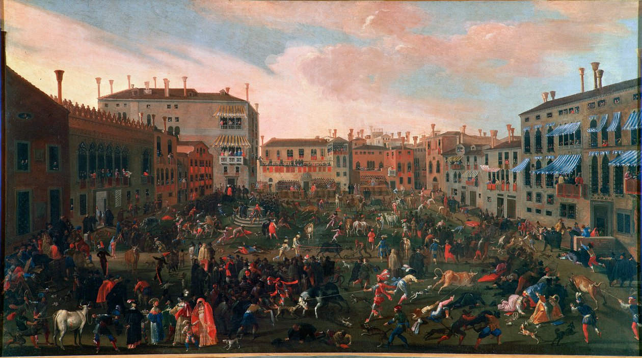 Härkämetsästys Campo San Polossa Venetsiassa vuonna 1648. Perinteinen Härkämetsästys tapahtui Venitian pienellä aukiolla (campi) erityisen raivokkaiden koirien kanssa. Joseph Heintz Je Jeunen (1600-1678) maalaus. Venezia, Museo Correr tekijältä Joseph the younger Heintz