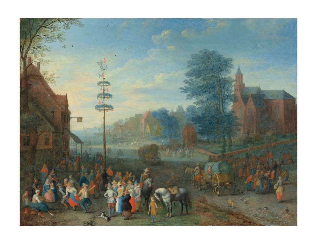 Kyläkermesse, jossa hahmot tanssivat vaappupuun ympärillä (öljy kuparilla) tekijältä Joseph van Bredael