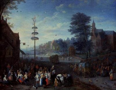 Kyläkermesse, jossa kyläläiset tanssivat touvon ympärillä ja matkustajia tiellä tekijältä Joseph van Bredael