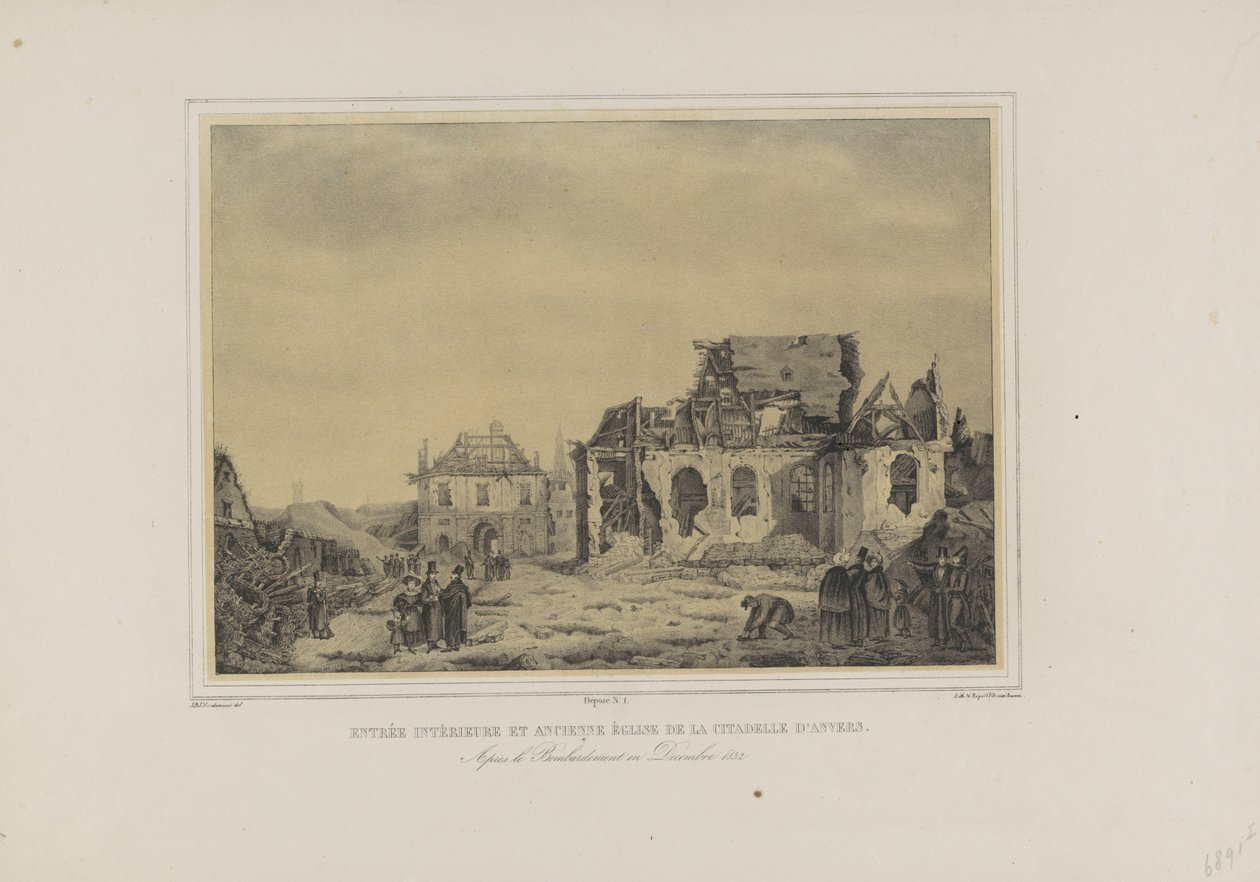 Poort en kerk in de Citadel van Antwerpen, 1832 Antwerpenin linnoituksen sisäsisäänkäynti ja vanha kirkko. Joulukuun 1832 pommituksen jälkeen (otsikko esineessä) Albumi seitsemästä näkymästä Antwerpenin linnoituksen sisätilojen raunioista (sarjan nimi) tekijältä Joseph van den Nest