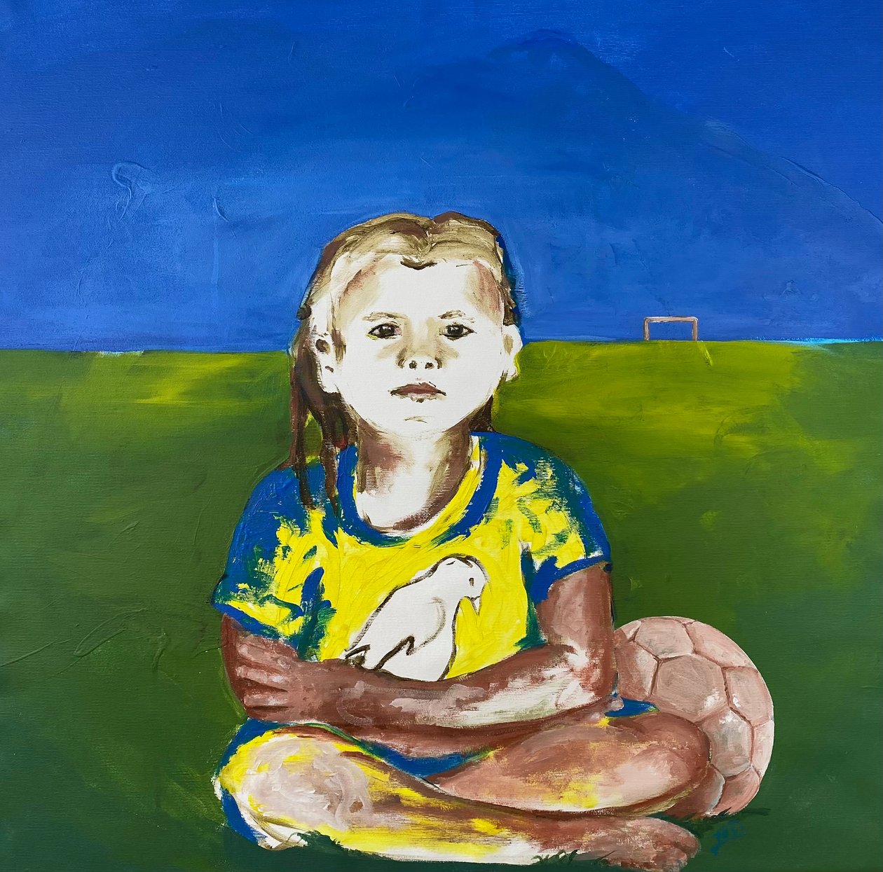Mädchen mit Taube (Tyttö kyyhkyn kanssa), 2022 (akryylimaali kankaalle) tekijältä Josephine Henning