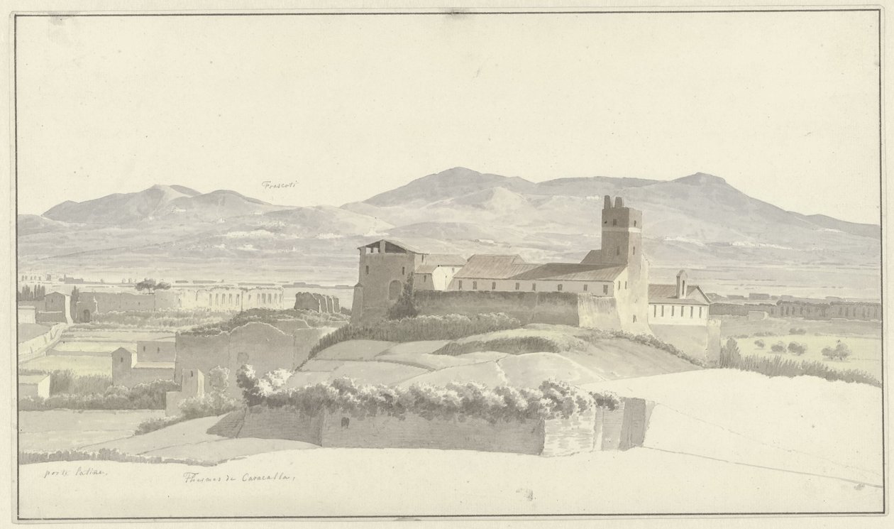 Caracallan kylpylät Roomassa, Frascati kaukana De Thermen van Caracalla, Rooma, porta Latina en in de verte Frascati tekijältä Josephus Augustus Knip