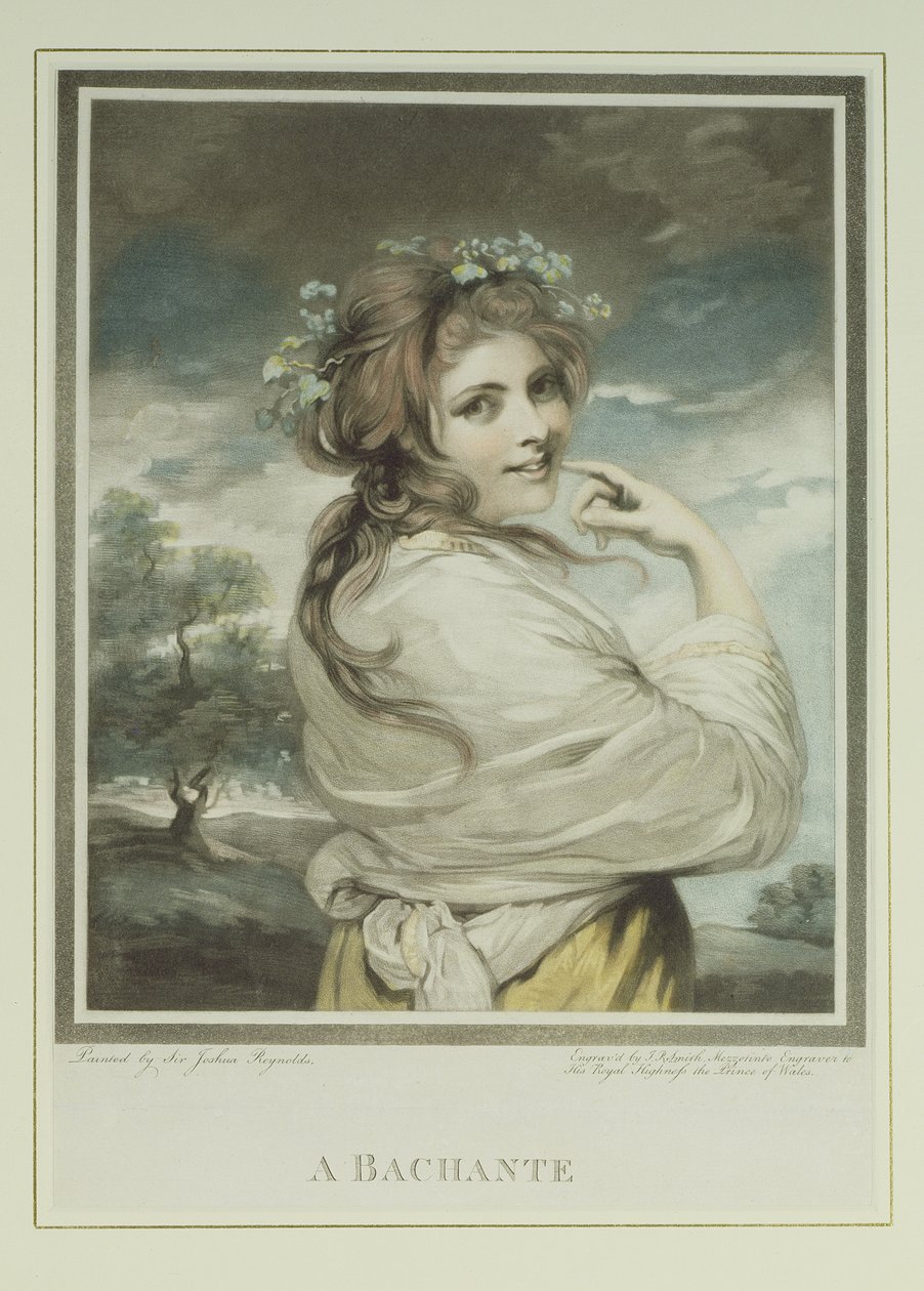 Bachante, kaiverrettu ja pubi. kirjoittanut John Raphael Smith (1752-1812), 1784 (mezzotint-kaiverrus) tekijältä Joshua Reynolds