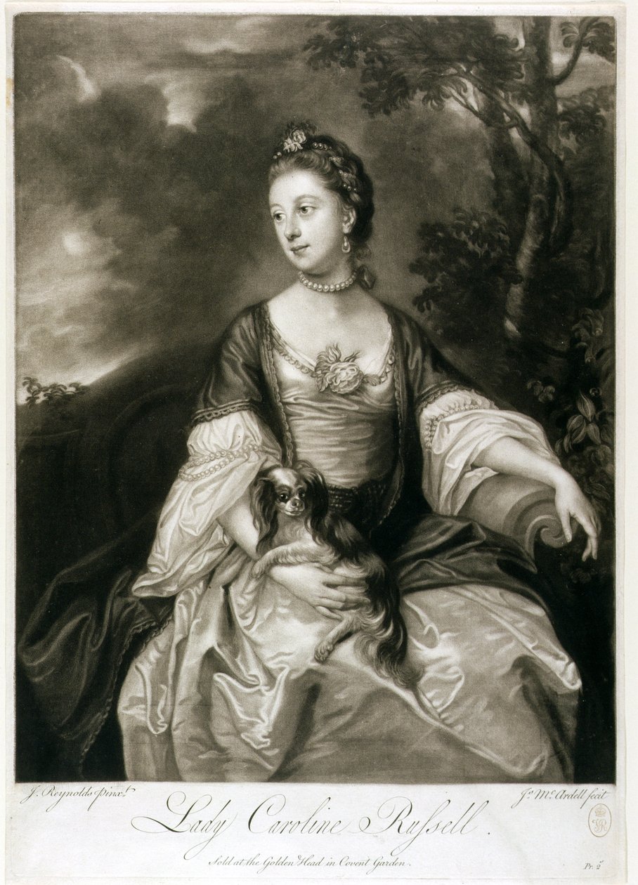 Lady Caroline Russell, kaiverrus James McArdell (n. 1729-65) (mezzotint) tekijältä Joshua Reynolds
