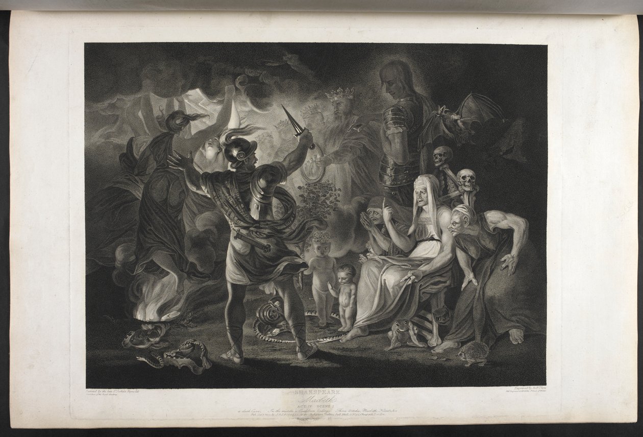 Macbeth.
Neljäs näytös. Kohtaus I.
Pimeä luola. Keskellä kiehuva kattila. Kolme noitaa. Macbeth. Hekate.
Macbeth kohtaa noidat ja ilmestykset; hänen jalkojensa juurella, käärmeen sisällä, seisovat pieni verinen lapsi ja lapsi, jolla on kruunu ja joka pi tekijältä Joshua (after) Reynolds