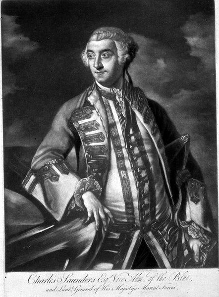Muotokuva amiraali Sir Charles Saundersista (n. 1713-75) Sinisen lentueen vara-amiraali, kaiverrus James McArdell (n. 1729-65) (kaiverrus) tekijältä Joshua (after) Reynolds